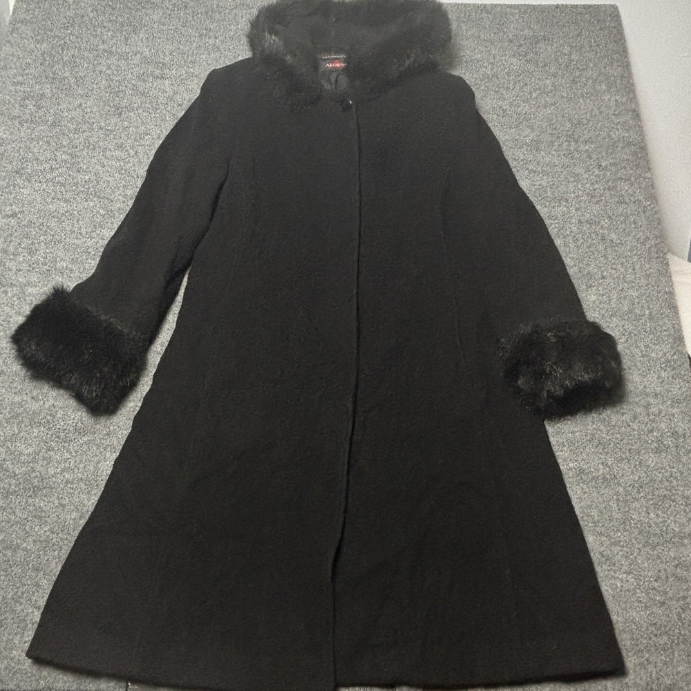 Alorna Coat Women 14 Black Lambswool Faux Fur Trim Hooded Long Winter Jacket